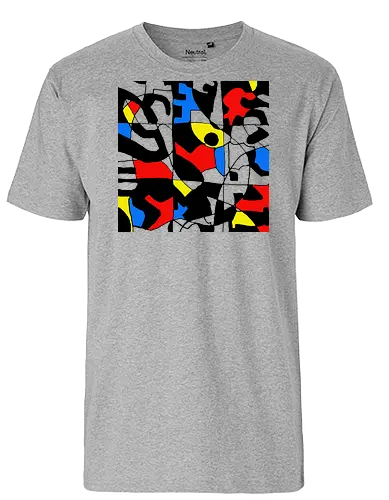 Primary Chaos. Abstraktes Pop-Art-Grafik-T-Shirt - graphic square, streetwear graphic, artsy shirt, linocut art, Holzschnitt, handmade aesthetic, urban wear, illustration, graphic tee, artistic tee, indie ästhetik, boho vibe, pop art, modern art, expressionism, abstract expresionism, geometric vibe, fine art, avantgarde, primary colors, bold lines - Fairtrade T-Shirt