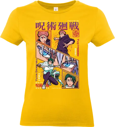 Yuta vs Itadori Cursed Rivals JJK - Yuta Okkotsu, Yuji Itadori, Jujutsu, rivals clash, panel grid style, manga art, anime gift idea, shonen showdown - Standard T-Shirt (Frauen)