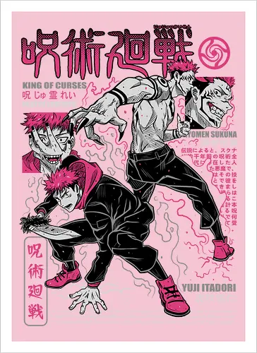 Itadori and Sukuna King of Curses - Sukuna, Yuji Itadori, dark fantasy, jujutsu kaisen art, anime otaku, villain energy, pink aesthetic, shonen battle - Kunstdruck