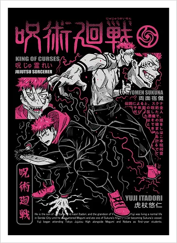 Itadori and Sukuna King of Curses - Sukuna, Yuji Itadori, dark fantasy, jujutsu kaisen art, anime otaku, villain energy, pink aesthetic, shonen battle - Kunstdruck