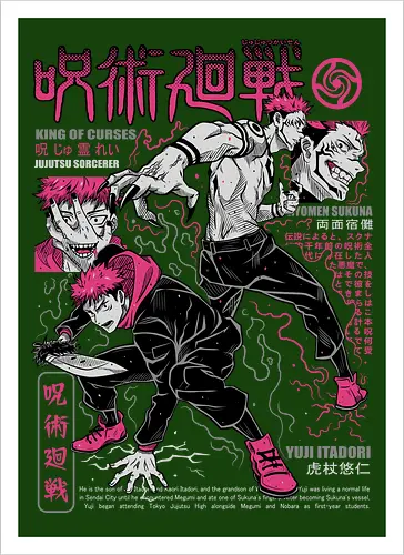 Itadori and Sukuna King of Curses - Sukuna, Yuji Itadori, dark fantasy, jujutsu kaisen art, anime otaku, villain energy, pink aesthetic, shonen battle - Kunstdruck