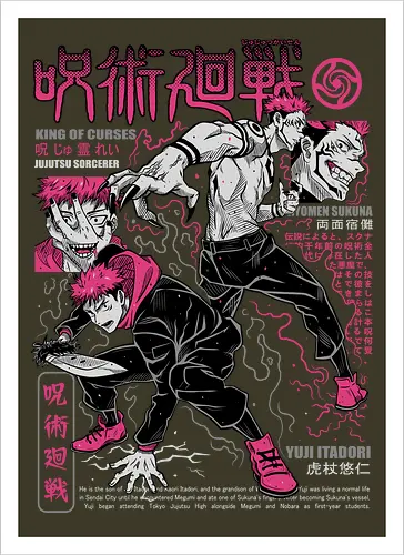 Itadori and Sukuna King of Curses - Sukuna, Yuji Itadori, dark fantasy, jujutsu kaisen art, anime otaku, villain energy, pink aesthetic, shonen battle - Kunstdruck