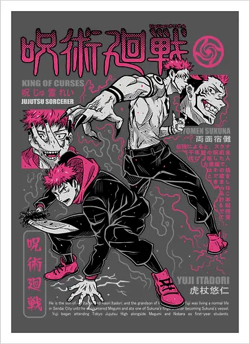 Itadori and Sukuna King of Curses - Sukuna, Yuji Itadori, dark fantasy, jujutsu kaisen art, anime otaku, villain energy, pink aesthetic, shonen battle - Kunstdruck