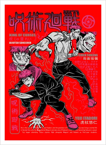 Itadori and Sukuna King of Curses - Sukuna, Yuji Itadori, dark fantasy, jujutsu kaisen art, anime otaku, villain energy, pink aesthetic, shonen battle - Kunstdruck