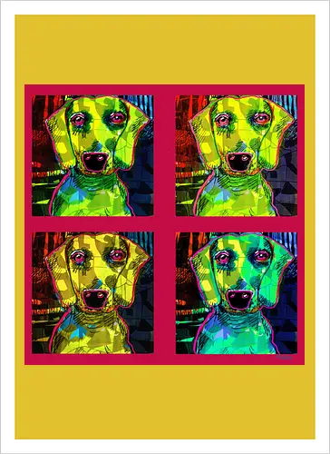 4Dackel Retro Warhol - Pop Art, Street Art, Andy Warhol Style, Neon Art, Bunt, Psychedelisch, Retro, Comic Style, Dackel, Dachshund, Hund, Weimaraner, Jagdhund, Dog, Hundekopf, Haustier, Vierbeiner - Kunstdruck