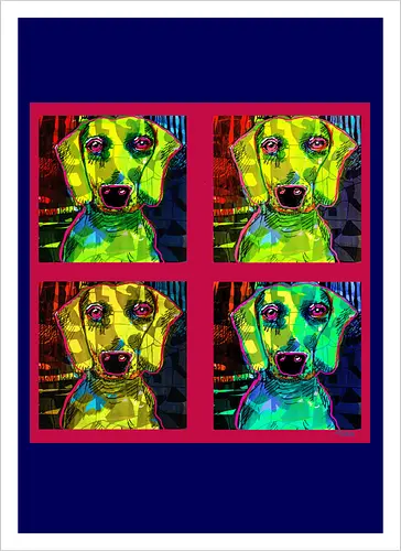 4Dackel Retro Warhol - Pop Art, Street Art, Andy Warhol Style, Neon Art, Bunt, Psychedelisch, Retro, Comic Style, Dackel, Dachshund, Hund, Weimaraner, Jagdhund, Dog, Hundekopf, Haustier, Vierbeiner - Kunstdruck