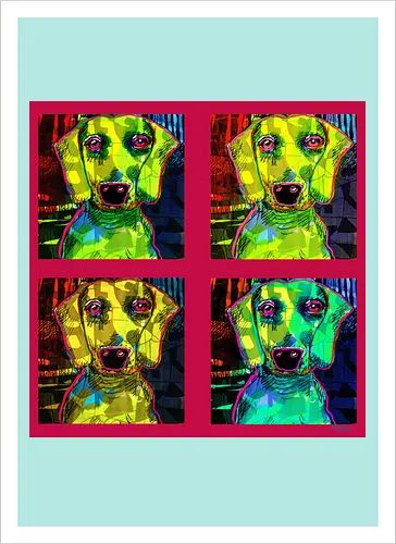 4Dackel Retro Warhol - Pop Art, Street Art, Andy Warhol Style, Neon Art, Bunt, Psychedelisch, Retro, Comic Style, Dackel, Dachshund, Hund, Weimaraner, Jagdhund, Dog, Hundekopf, Haustier, Vierbeiner - Kunstdruck
