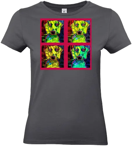 4Dackel Retro Warhol - Pop Art, Street Art, Andy Warhol Style, Neon Art, Bunt, Psychedelisch, Retro, Comic Style, Dackel, Dachshund, Hund, Weimaraner, Jagdhund, Dog, Hundekopf, Haustier, Vierbeiner - Standard T-Shirt (Frauen)