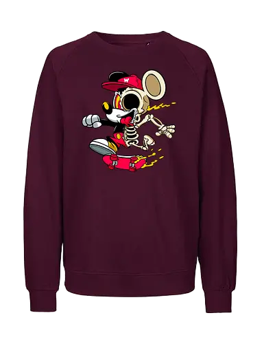 Skelett-Skater-Maus – Neon Streetwear Horror Cartoon Kunst - Pop Art Skate Horror, Maus Charakter Horror, Cartoon Skelett Streetwear, Skelett Skate Maus, Cartoon Horror Streetwear, rote Mütze Skelett, hypnotisches Auge Cartoon, Underground Skate Horror Kunst, schmelzende Neon Maus, Mickey Mouse horror, Mickey Mouse skeleton, Disney skate art, Mickey Mouse freaky, Disney horror geek, Geek Skate Horror Druck, Zombie Cartoon Skater, blauer Hintergrund Cartoon Horror, alternative Skate Kunst, dunkler urbaner Skate Cartoon, urbaner Neon Horror Druck - Fairtrade Sweatshirt