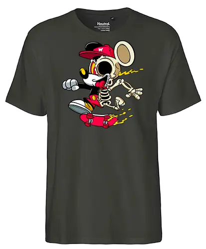 Skelett-Skater-Maus – Neon Streetwear Horror Cartoon Kunst - Pop Art Skate Horror, Maus Charakter Horror, Cartoon Skelett Streetwear, Skelett Skate Maus, Cartoon Horror Streetwear, rote Mütze Skelett, hypnotisches Auge Cartoon, Underground Skate Horror Kunst, schmelzende Neon Maus, Mickey Mouse horror, Mickey Mouse skeleton, Disney skate art, Mickey Mouse freaky, Disney horror geek, Geek Skate Horror Druck, Zombie Cartoon Skater, blauer Hintergrund Cartoon Horror, alternative Skate Kunst, dunkler urbaner Skate Cartoon, urbaner Neon Horror Druck - Fairtrade T-Shirt