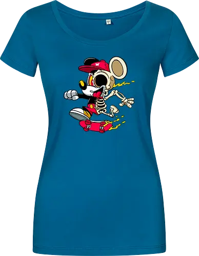 Skelett-Skater-Maus – Neon Streetwear Horror Cartoon Kunst - Pop Art Skate Horror, Maus Charakter Horror, Cartoon Skelett Streetwear, Skelett Skate Maus, Cartoon Horror Streetwear, rote Mütze Skelett, hypnotisches Auge Cartoon, Underground Skate Horror Kunst, schmelzende Neon Maus, Mickey Mouse horror, Mickey Mouse skeleton, Disney skate art, Mickey Mouse freaky, Disney horror geek, Geek Skate Horror Druck, Zombie Cartoon Skater, blauer Hintergrund Cartoon Horror, alternative Skate Kunst, dunkler urbaner Skate Cartoon, urbaner Neon Horror Druck - Damen T-Shirt