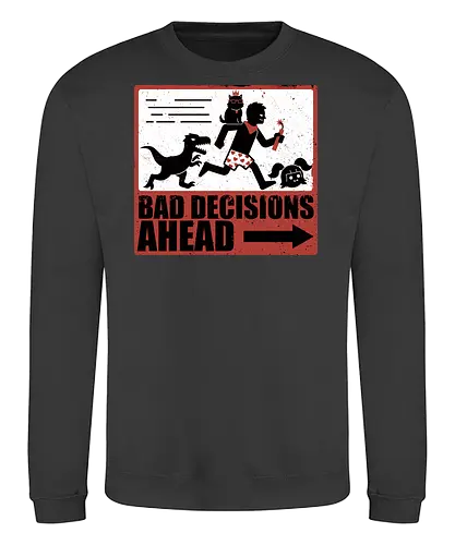 Dungeon Crawler Bad Decisions - Chaos, Velociraptor, Dinosaur, Bad Decisions, Destroy, Plan, Nerd, Geek, Fantasy, Adventure, Rpg, Litrpg, Book, Books, Bookworm, Science Fantasy, Science Fiction, Scifi, Cat, Pet, Carl, Funny, Post-apocalyptic, Apocalypse, Post Apocalyptic, Apocalyptic Cats, Postapocalypse, Post-apocalypse, Poster, Action, Punk, Explosion, Explosive, Books, Book, Crawler, Dungeon Crawler, Geometric, Anarchy, Anarchist, Sign - Sweatshirt