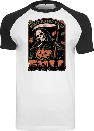 Grim Reaper Autumn - Pain, Halloween, Halloween Design, Halloween Art, Halloween Aesthetic, Halloween Pumpkin, Halloween Vibes, Spooky, Spooky Season, Creepy, Scary, Scary Art, Pumpkins, Pumpkin, Skeleton, Skull, Dark, Horror, Horror Stories, Fright, Creature, Autumn, Autumn Leaves, Autumn Vibes, Autumn Season, Fall, Fall Leaves, Fall Vibes, Leaves, Leaf, Pumpkin Season, Fun, Funny, Dark Humor, Humor, Sarcastic, Sarcasm, Irony, Dread, Existential Dread. Laugh, Laughing, Nihilist Humor, Nihilist, Relatable - Raglan T-Shirt
