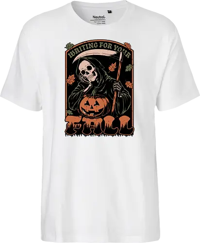 Grim Reaper Autumn - Pain, Halloween, Halloween Design, Halloween Art, Halloween Aesthetic, Halloween Pumpkin, Halloween Vibes, Spooky, Spooky Season, Creepy, Scary, Scary Art, Pumpkins, Pumpkin, Skeleton, Skull, Dark, Horror, Horror Stories, Fright, Creature, Autumn, Autumn Leaves, Autumn Vibes, Autumn Season, Fall, Fall Leaves, Fall Vibes, Leaves, Leaf, Pumpkin Season, Fun, Funny, Dark Humor, Humor, Sarcastic, Sarcasm, Irony, Dread, Existential Dread. Laugh, Laughing, Nihilist Humor, Nihilist, Relatable - Fairtrade T-Shirt