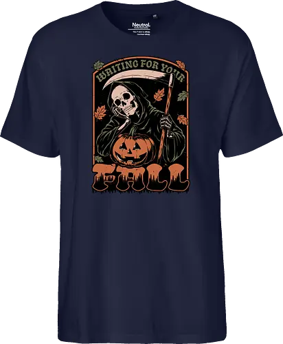 Grim Reaper Autumn - Pain, Halloween, Halloween Design, Halloween Art, Halloween Aesthetic, Halloween Pumpkin, Halloween Vibes, Spooky, Spooky Season, Creepy, Scary, Scary Art, Pumpkins, Pumpkin, Skeleton, Skull, Dark, Horror, Horror Stories, Fright, Creature, Autumn, Autumn Leaves, Autumn Vibes, Autumn Season, Fall, Fall Leaves, Fall Vibes, Leaves, Leaf, Pumpkin Season, Fun, Funny, Dark Humor, Humor, Sarcastic, Sarcasm, Irony, Dread, Existential Dread. Laugh, Laughing, Nihilist Humor, Nihilist, Relatable - Fairtrade T-Shirt