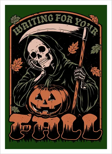 Grim Reaper Autumn - Pain, Halloween, Halloween Design, Halloween Art, Halloween Aesthetic, Halloween Pumpkin, Halloween Vibes, Spooky, Spooky Season, Creepy, Scary, Scary Art, Pumpkins, Pumpkin, Skeleton, Skull, Dark, Horror, Horror Stories, Fright, Creature, Autumn, Autumn Leaves, Autumn Vibes, Autumn Season, Fall, Fall Leaves, Fall Vibes, Leaves, Leaf, Pumpkin Season, Fun, Funny, Dark Humor, Humor, Sarcastic, Sarcasm, Irony, Dread, Existential Dread. Laugh, Laughing, Nihilist Humor, Nihilist, Relatable - Kunstdruck