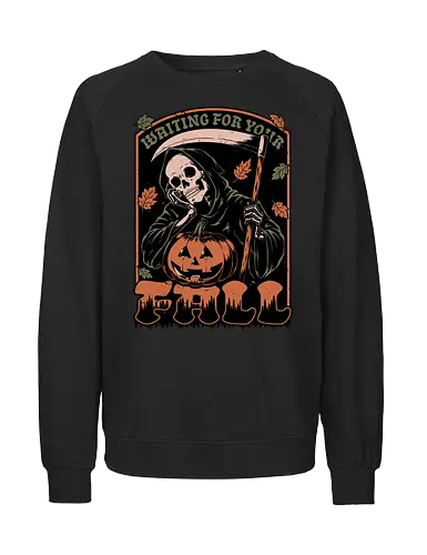 Grim Reaper Autumn - Pain, Halloween, Halloween Design, Halloween Art, Halloween Aesthetic, Halloween Pumpkin, Halloween Vibes, Spooky, Spooky Season, Creepy, Scary, Scary Art, Pumpkins, Pumpkin, Skeleton, Skull, Dark, Horror, Horror Stories, Fright, Creature, Autumn, Autumn Leaves, Autumn Vibes, Autumn Season, Fall, Fall Leaves, Fall Vibes, Leaves, Leaf, Pumpkin Season, Fun, Funny, Dark Humor, Humor, Sarcastic, Sarcasm, Irony, Dread, Existential Dread. Laugh, Laughing, Nihilist Humor, Nihilist, Relatable - Fairtrade Sweatshirt
