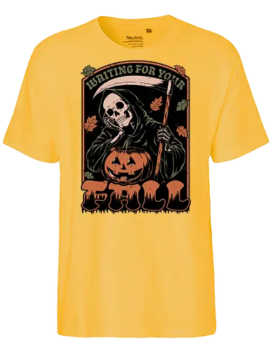 Grim Reaper Autumn - Pain, Halloween, Halloween Design, Halloween Art, Halloween Aesthetic, Halloween Pumpkin, Halloween Vibes, Spooky, Spooky Season, Creepy, Scary, Scary Art, Pumpkins, Pumpkin, Skeleton, Skull, Dark, Horror, Horror Stories, Fright, Creature, Autumn, Autumn Leaves, Autumn Vibes, Autumn Season, Fall, Fall Leaves, Fall Vibes, Leaves, Leaf, Pumpkin Season, Fun, Funny, Dark Humor, Humor, Sarcastic, Sarcasm, Irony, Dread, Existential Dread. Laugh, Laughing, Nihilist Humor, Nihilist, Relatable - Fairtrade T-Shirt