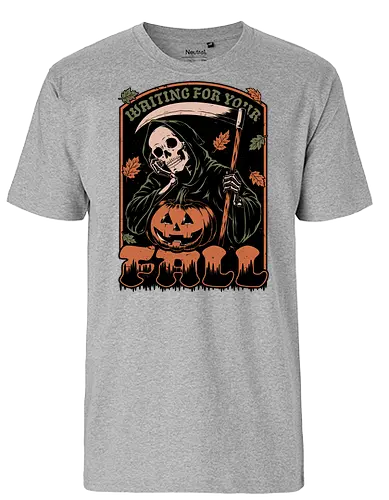 Grim Reaper Autumn - Pain, Halloween, Halloween Design, Halloween Art, Halloween Aesthetic, Halloween Pumpkin, Halloween Vibes, Spooky, Spooky Season, Creepy, Scary, Scary Art, Pumpkins, Pumpkin, Skeleton, Skull, Dark, Horror, Horror Stories, Fright, Creature, Autumn, Autumn Leaves, Autumn Vibes, Autumn Season, Fall, Fall Leaves, Fall Vibes, Leaves, Leaf, Pumpkin Season, Fun, Funny, Dark Humor, Humor, Sarcastic, Sarcasm, Irony, Dread, Existential Dread. Laugh, Laughing, Nihilist Humor, Nihilist, Relatable - Fairtrade T-Shirt