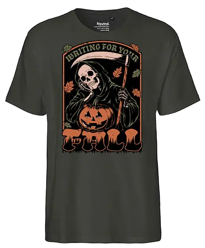 Grim Reaper Autumn - Pain, Halloween, Halloween Design, Halloween Art, Halloween Aesthetic, Halloween Pumpkin, Halloween Vibes, Spooky, Spooky Season, Creepy, Scary, Scary Art, Pumpkins, Pumpkin, Skeleton, Skull, Dark, Horror, Horror Stories, Fright, Creature, Autumn, Autumn Leaves, Autumn Vibes, Autumn Season, Fall, Fall Leaves, Fall Vibes, Leaves, Leaf, Pumpkin Season, Fun, Funny, Dark Humor, Humor, Sarcastic, Sarcasm, Irony, Dread, Existential Dread. Laugh, Laughing, Nihilist Humor, Nihilist, Relatable - Fairtrade T-Shirt