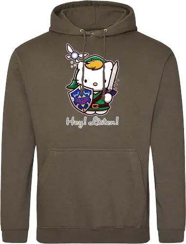 Niedliche Figur als Held mit Magischem Schild - niedliche Figur, ausgerüsteter Held, magischer Schild, Feenbegleiterin, glänzendes Schwert, Kawaii-Mashup, episches Abenteuer, Cat, legend, Hero of Time, Navi, Hey Listen, Sanrio, Ocarina, bunte Fantasie, fliegende magische Kreatur, Vektorillustration, grüner Helm, entzückender Krieger, Dreieckssymbol, Warnphrase, nostalgischer Gamer-Stil - Standard Hoodie