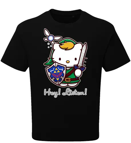 Niedliche Figur als Held mit Magischem Schild - niedliche Figur, ausgerüsteter Held, magischer Schild, Feenbegleiterin, glänzendes Schwert, Kawaii-Mashup, episches Abenteuer, Cat, legend, Hero of Time, Navi, Hey Listen, Sanrio, Ocarina, bunte Fantasie, fliegende magische Kreatur, Vektorillustration, grüner Helm, entzückender Krieger, Dreieckssymbol, Warnphrase, nostalgischer Gamer-Stil - Oversize T-Shirt