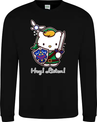 Niedliche Figur als Held mit Magischem Schild - niedliche Figur, ausgerüsteter Held, magischer Schild, Feenbegleiterin, glänzendes Schwert, Kawaii-Mashup, episches Abenteuer, Cat, legend, Hero of Time, Navi, Hey Listen, Sanrio, Ocarina, bunte Fantasie, fliegende magische Kreatur, Vektorillustration, grüner Helm, entzückender Krieger, Dreieckssymbol, Warnphrase, nostalgischer Gamer-Stil - Sweatshirt