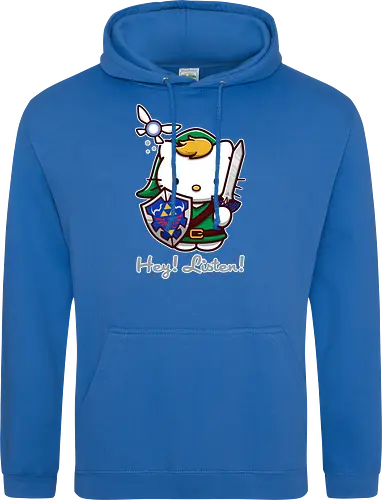 Niedliche Figur als Held mit Magischem Schild - niedliche Figur, ausgerüsteter Held, magischer Schild, Feenbegleiterin, glänzendes Schwert, Kawaii-Mashup, episches Abenteuer, Cat, legend, Hero of Time, Navi, Hey Listen, Sanrio, Ocarina, bunte Fantasie, fliegende magische Kreatur, Vektorillustration, grüner Helm, entzückender Krieger, Dreieckssymbol, Warnphrase, nostalgischer Gamer-Stil - Standard Hoodie