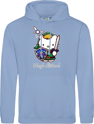 Niedliche Figur als Held mit Magischem Schild - niedliche Figur, ausgerüsteter Held, magischer Schild, Feenbegleiterin, glänzendes Schwert, Kawaii-Mashup, episches Abenteuer, Cat, legend, Hero of Time, Navi, Hey Listen, Sanrio, Ocarina, bunte Fantasie, fliegende magische Kreatur, Vektorillustration, grüner Helm, entzückender Krieger, Dreieckssymbol, Warnphrase, nostalgischer Gamer-Stil - Standard Hoodie