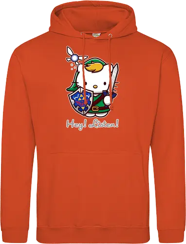 Niedliche Figur als Held mit Magischem Schild - niedliche Figur, ausgerüsteter Held, magischer Schild, Feenbegleiterin, glänzendes Schwert, Kawaii-Mashup, episches Abenteuer, Cat, legend, Hero of Time, Navi, Hey Listen, Sanrio, Ocarina, bunte Fantasie, fliegende magische Kreatur, Vektorillustration, grüner Helm, entzückender Krieger, Dreieckssymbol, Warnphrase, nostalgischer Gamer-Stil - Standard Hoodie