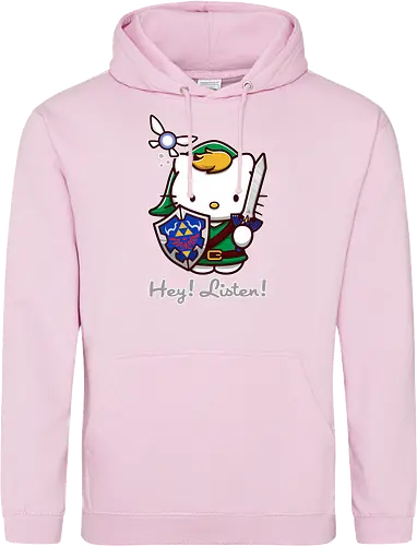 Niedliche Figur als Held mit Magischem Schild - niedliche Figur, ausgerüsteter Held, magischer Schild, Feenbegleiterin, glänzendes Schwert, Kawaii-Mashup, episches Abenteuer, Cat, legend, Hero of Time, Navi, Hey Listen, Sanrio, Ocarina, bunte Fantasie, fliegende magische Kreatur, Vektorillustration, grüner Helm, entzückender Krieger, Dreieckssymbol, Warnphrase, nostalgischer Gamer-Stil - Standard Hoodie