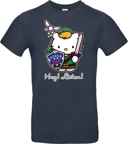 Niedliche Figur als Held mit Magischem Schild - niedliche Figur, ausgerüsteter Held, magischer Schild, Feenbegleiterin, glänzendes Schwert, Kawaii-Mashup, episches Abenteuer, Cat, legend, Hero of Time, Navi, Hey Listen, Sanrio, Ocarina, bunte Fantasie, fliegende magische Kreatur, Vektorillustration, grüner Helm, entzückender Krieger, Dreieckssymbol, Warnphrase, nostalgischer Gamer-Stil - Standard T-Shirt