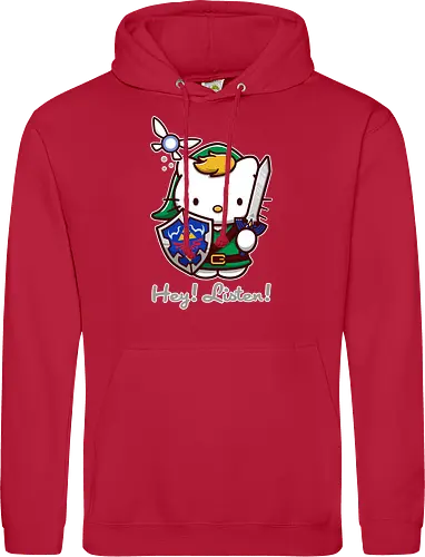 Niedliche Figur als Held mit Magischem Schild - niedliche Figur, ausgerüsteter Held, magischer Schild, Feenbegleiterin, glänzendes Schwert, Kawaii-Mashup, episches Abenteuer, Cat, legend, Hero of Time, Navi, Hey Listen, Sanrio, Ocarina, bunte Fantasie, fliegende magische Kreatur, Vektorillustration, grüner Helm, entzückender Krieger, Dreieckssymbol, Warnphrase, nostalgischer Gamer-Stil - Standard Hoodie