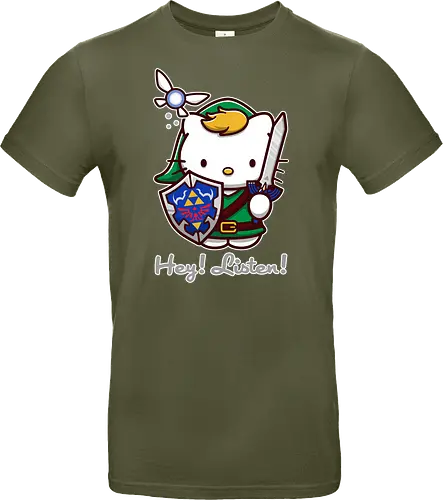 Niedliche Figur als Held mit Magischem Schild - niedliche Figur, ausgerüsteter Held, magischer Schild, Feenbegleiterin, glänzendes Schwert, Kawaii-Mashup, episches Abenteuer, Cat, legend, Hero of Time, Navi, Hey Listen, Sanrio, Ocarina, bunte Fantasie, fliegende magische Kreatur, Vektorillustration, grüner Helm, entzückender Krieger, Dreieckssymbol, Warnphrase, nostalgischer Gamer-Stil - Standard T-Shirt