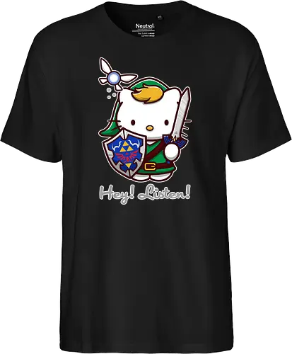 Niedliche Figur als Held mit Magischem Schild - niedliche Figur, ausgerüsteter Held, magischer Schild, Feenbegleiterin, glänzendes Schwert, Kawaii-Mashup, episches Abenteuer, Cat, legend, Hero of Time, Navi, Hey Listen, Sanrio, Ocarina, bunte Fantasie, fliegende magische Kreatur, Vektorillustration, grüner Helm, entzückender Krieger, Dreieckssymbol, Warnphrase, nostalgischer Gamer-Stil - Fairtrade T-Shirt