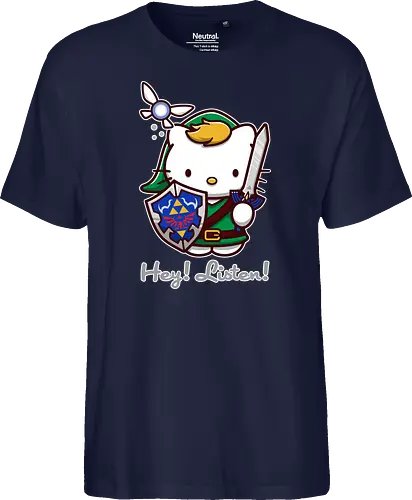 Niedliche Figur als Held mit Magischem Schild - niedliche Figur, ausgerüsteter Held, magischer Schild, Feenbegleiterin, glänzendes Schwert, Kawaii-Mashup, episches Abenteuer, Cat, legend, Hero of Time, Navi, Hey Listen, Sanrio, Ocarina, bunte Fantasie, fliegende magische Kreatur, Vektorillustration, grüner Helm, entzückender Krieger, Dreieckssymbol, Warnphrase, nostalgischer Gamer-Stil - Fairtrade T-Shirt