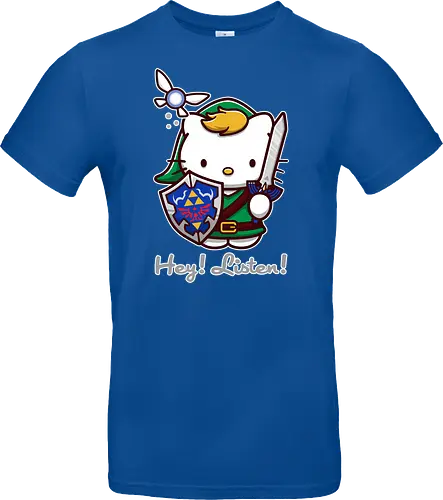 Niedliche Figur als Held mit Magischem Schild - niedliche Figur, ausgerüsteter Held, magischer Schild, Feenbegleiterin, glänzendes Schwert, Kawaii-Mashup, episches Abenteuer, Cat, legend, Hero of Time, Navi, Hey Listen, Sanrio, Ocarina, bunte Fantasie, fliegende magische Kreatur, Vektorillustration, grüner Helm, entzückender Krieger, Dreieckssymbol, Warnphrase, nostalgischer Gamer-Stil - Standard T-Shirt