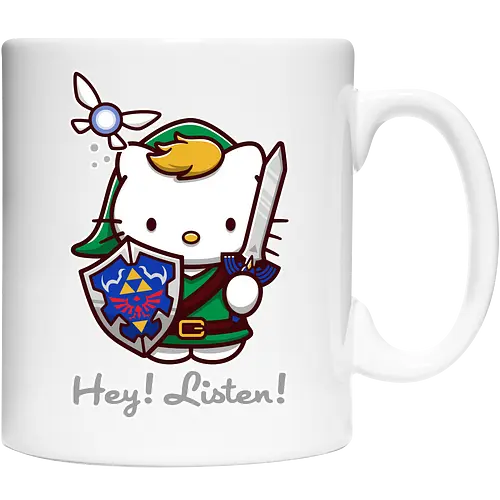 Niedliche Figur als Held mit Magischem Schild - niedliche Figur, ausgerüsteter Held, magischer Schild, Feenbegleiterin, glänzendes Schwert, Kawaii-Mashup, episches Abenteuer, Cat, legend, Hero of Time, Navi, Hey Listen, Sanrio, Ocarina, bunte Fantasie, fliegende magische Kreatur, Vektorillustration, grüner Helm, entzückender Krieger, Dreieckssymbol, Warnphrase, nostalgischer Gamer-Stil - Keramiktasse