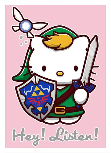 Niedliche Figur als Held mit Magischem Schild - niedliche Figur, ausgerüsteter Held, magischer Schild, Feenbegleiterin, glänzendes Schwert, Kawaii-Mashup, episches Abenteuer, Cat, legend, Hero of Time, Navi, Hey Listen, Sanrio, Ocarina, bunte Fantasie, fliegende magische Kreatur, Vektorillustration, grüner Helm, entzückender Krieger, Dreieckssymbol, Warnphrase, nostalgischer Gamer-Stil - Kunstdruck