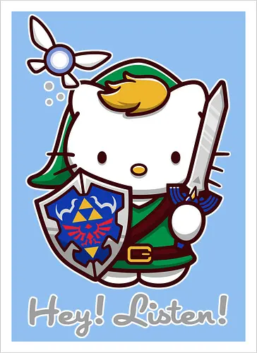Niedliche Figur als Held mit Magischem Schild - niedliche Figur, ausgerüsteter Held, magischer Schild, Feenbegleiterin, glänzendes Schwert, Kawaii-Mashup, episches Abenteuer, Cat, legend, Hero of Time, Navi, Hey Listen, Sanrio, Ocarina, bunte Fantasie, fliegende magische Kreatur, Vektorillustration, grüner Helm, entzückender Krieger, Dreieckssymbol, Warnphrase, nostalgischer Gamer-Stil - Kunstdruck