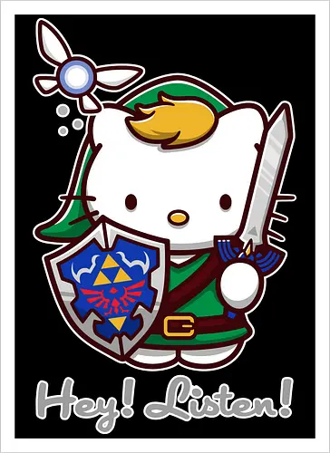 Niedliche Figur als Held mit Magischem Schild - niedliche Figur, ausgerüsteter Held, magischer Schild, Feenbegleiterin, glänzendes Schwert, Kawaii-Mashup, episches Abenteuer, Cat, legend, Hero of Time, Navi, Hey Listen, Sanrio, Ocarina, bunte Fantasie, fliegende magische Kreatur, Vektorillustration, grüner Helm, entzückender Krieger, Dreieckssymbol, Warnphrase, nostalgischer Gamer-Stil - Kunstdruck