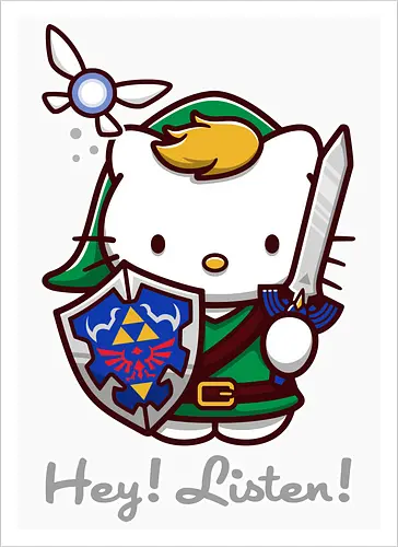 Niedliche Figur als Held mit Magischem Schild - niedliche Figur, ausgerüsteter Held, magischer Schild, Feenbegleiterin, glänzendes Schwert, Kawaii-Mashup, episches Abenteuer, Cat, legend, Hero of Time, Navi, Hey Listen, Sanrio, Ocarina, bunte Fantasie, fliegende magische Kreatur, Vektorillustration, grüner Helm, entzückender Krieger, Dreieckssymbol, Warnphrase, nostalgischer Gamer-Stil - Kunstdruck