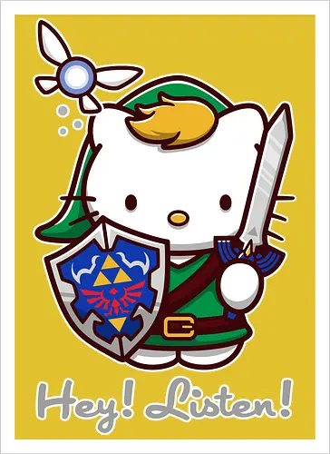 Niedliche Figur als Held mit Magischem Schild - niedliche Figur, ausgerüsteter Held, magischer Schild, Feenbegleiterin, glänzendes Schwert, Kawaii-Mashup, episches Abenteuer, Cat, legend, Hero of Time, Navi, Hey Listen, Sanrio, Ocarina, bunte Fantasie, fliegende magische Kreatur, Vektorillustration, grüner Helm, entzückender Krieger, Dreieckssymbol, Warnphrase, nostalgischer Gamer-Stil - Kunstdruck
