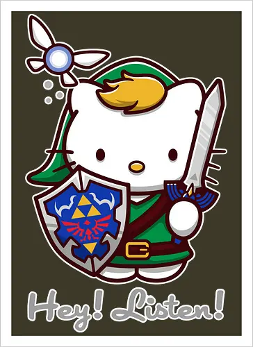 Niedliche Figur als Held mit Magischem Schild - niedliche Figur, ausgerüsteter Held, magischer Schild, Feenbegleiterin, glänzendes Schwert, Kawaii-Mashup, episches Abenteuer, Cat, legend, Hero of Time, Navi, Hey Listen, Sanrio, Ocarina, bunte Fantasie, fliegende magische Kreatur, Vektorillustration, grüner Helm, entzückender Krieger, Dreieckssymbol, Warnphrase, nostalgischer Gamer-Stil - Kunstdruck
