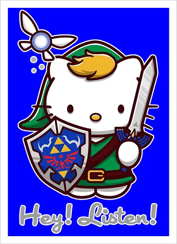 Niedliche Figur als Held mit Magischem Schild - niedliche Figur, ausgerüsteter Held, magischer Schild, Feenbegleiterin, glänzendes Schwert, Kawaii-Mashup, episches Abenteuer, Cat, legend, Hero of Time, Navi, Hey Listen, Sanrio, Ocarina, bunte Fantasie, fliegende magische Kreatur, Vektorillustration, grüner Helm, entzückender Krieger, Dreieckssymbol, Warnphrase, nostalgischer Gamer-Stil - Kunstdruck