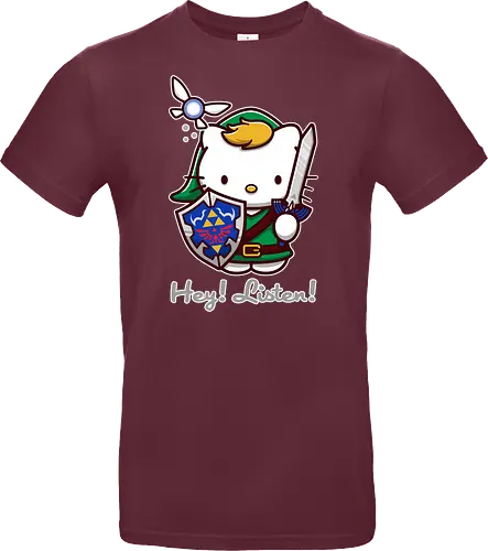 Niedliche Figur als Held mit Magischem Schild - niedliche Figur, ausgerüsteter Held, magischer Schild, Feenbegleiterin, glänzendes Schwert, Kawaii-Mashup, episches Abenteuer, Cat, legend, Hero of Time, Navi, Hey Listen, Sanrio, Ocarina, bunte Fantasie, fliegende magische Kreatur, Vektorillustration, grüner Helm, entzückender Krieger, Dreieckssymbol, Warnphrase, nostalgischer Gamer-Stil - Standard T-Shirt