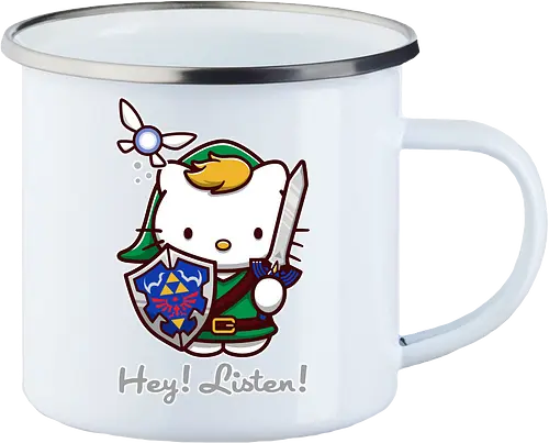 Niedliche Figur als Held mit Magischem Schild - niedliche Figur, ausgerüsteter Held, magischer Schild, Feenbegleiterin, glänzendes Schwert, Kawaii-Mashup, episches Abenteuer, Cat, legend, Hero of Time, Navi, Hey Listen, Sanrio, Ocarina, bunte Fantasie, fliegende magische Kreatur, Vektorillustration, grüner Helm, entzückender Krieger, Dreieckssymbol, Warnphrase, nostalgischer Gamer-Stil - Emailletasse