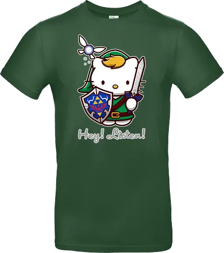Niedliche Figur als Held mit Magischem Schild - niedliche Figur, ausgerüsteter Held, magischer Schild, Feenbegleiterin, glänzendes Schwert, Kawaii-Mashup, episches Abenteuer, Cat, legend, Hero of Time, Navi, Hey Listen, Sanrio, Ocarina, bunte Fantasie, fliegende magische Kreatur, Vektorillustration, grüner Helm, entzückender Krieger, Dreieckssymbol, Warnphrase, nostalgischer Gamer-Stil - Standard T-Shirt