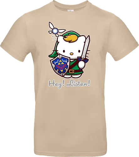 Niedliche Figur als Held mit Magischem Schild - niedliche Figur, ausgerüsteter Held, magischer Schild, Feenbegleiterin, glänzendes Schwert, Kawaii-Mashup, episches Abenteuer, Cat, legend, Hero of Time, Navi, Hey Listen, Sanrio, Ocarina, bunte Fantasie, fliegende magische Kreatur, Vektorillustration, grüner Helm, entzückender Krieger, Dreieckssymbol, Warnphrase, nostalgischer Gamer-Stil - Standard T-Shirt