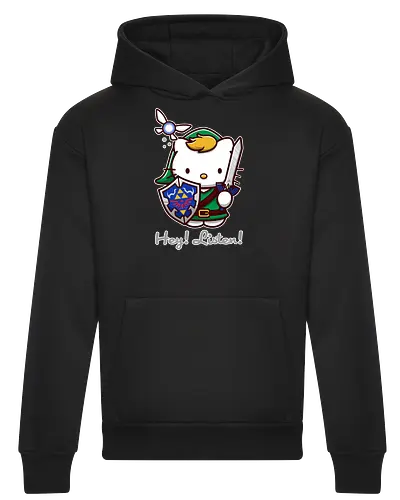 Niedliche Figur als Held mit Magischem Schild - niedliche Figur, ausgerüsteter Held, magischer Schild, Feenbegleiterin, glänzendes Schwert, Kawaii-Mashup, episches Abenteuer, Cat, legend, Hero of Time, Navi, Hey Listen, Sanrio, Ocarina, bunte Fantasie, fliegende magische Kreatur, Vektorillustration, grüner Helm, entzückender Krieger, Dreieckssymbol, Warnphrase, nostalgischer Gamer-Stil - Heavyweight Hoodie